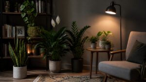 Low-light indoor plants arranged in a cozy room corner