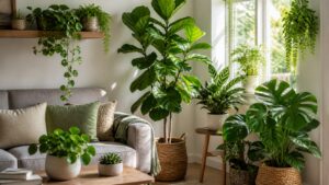 Layered indoor plants in a sunlit living room corner