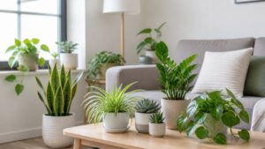 Easy-care indoor plants in a bright apartment living room