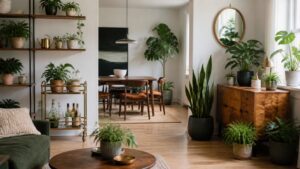 Indoor plants styled throughout a living and dining area