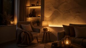 Warm ambient lighting in a cozy reading nook