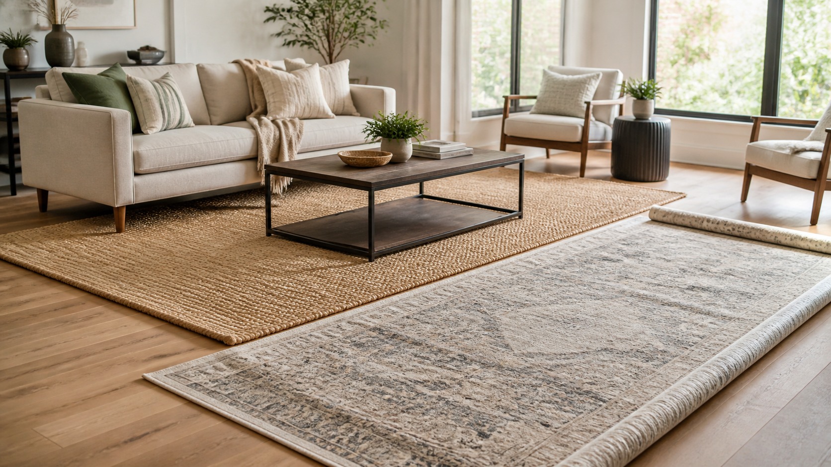 Two area rugs shown with living room furniture for scale