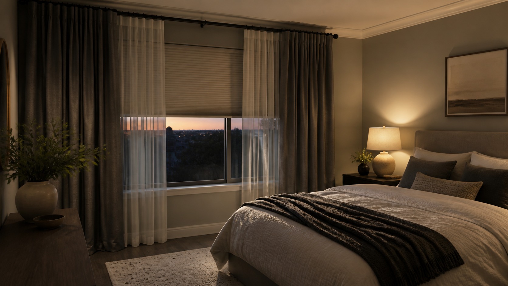 Blackout drapery and sheer curtains in a calm bedroom