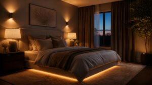 Cozy warm bedroom lighting with bedside lamps and wall sconces