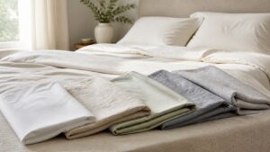 Different bedding fabrics folded on a neutral bed
