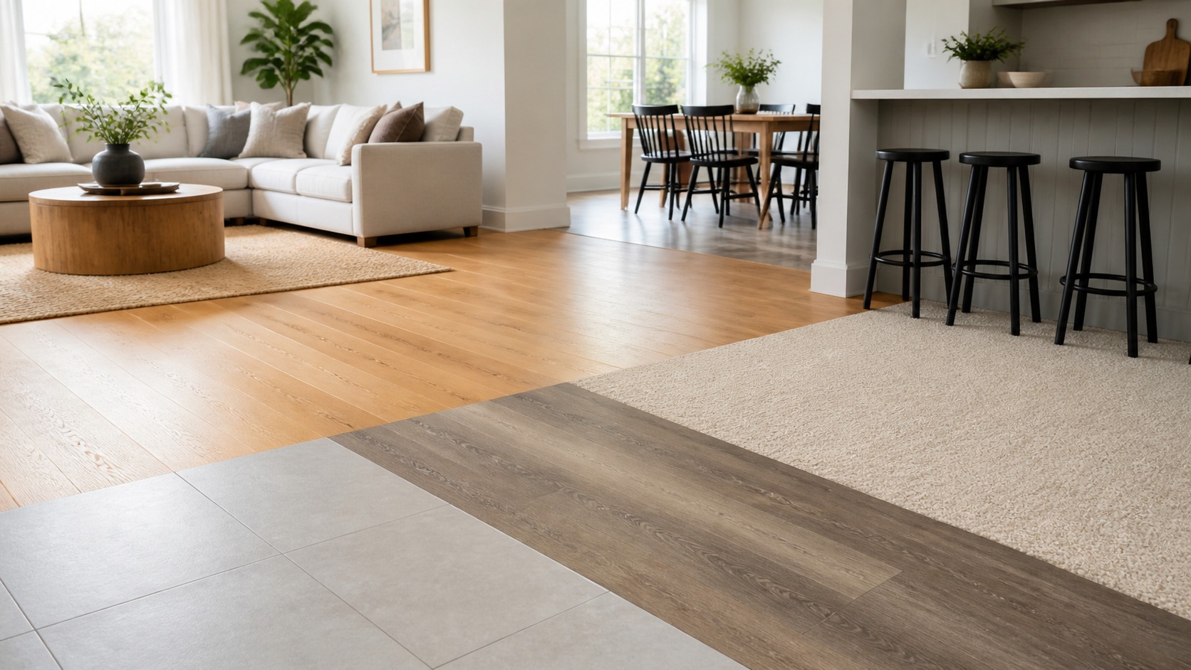 Flooring samples beside a finished home interior
