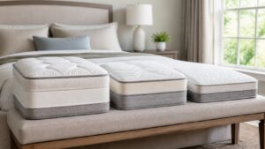 Mattress firmness samples arranged on a bedroom bench