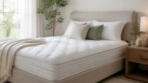Supportive white mattress with breathable bedding in a bright restorative bedroom