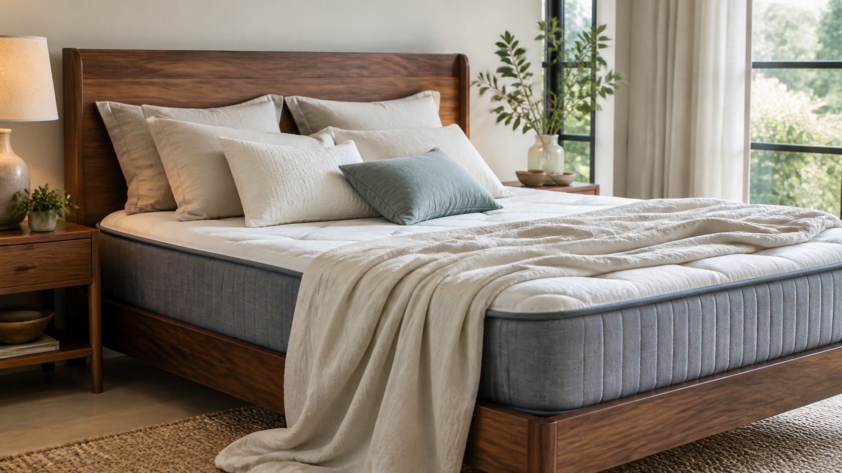 Medium-feel mattress with flexible pillow arrangement and relaxed bedding