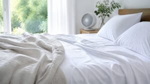 White cooling sheets and light bedding in an airy bedroom