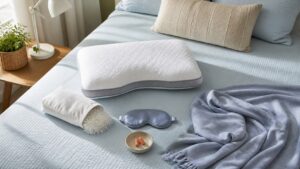 Adjustable pillow, eye mask, earplugs, and light blanket arranged on a bright bed