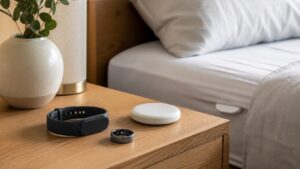 Unbranded sleep tracking devices arranged on a bedside table and bed
