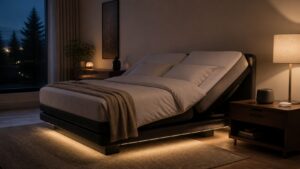 Adjustable smart bed with blank bedside hub and subtle under-bed lighting
