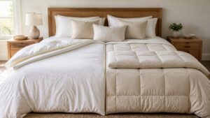 Duvet and comforter displayed side by side on a bed