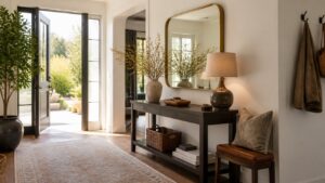 Statement mirror above a styled entryway console