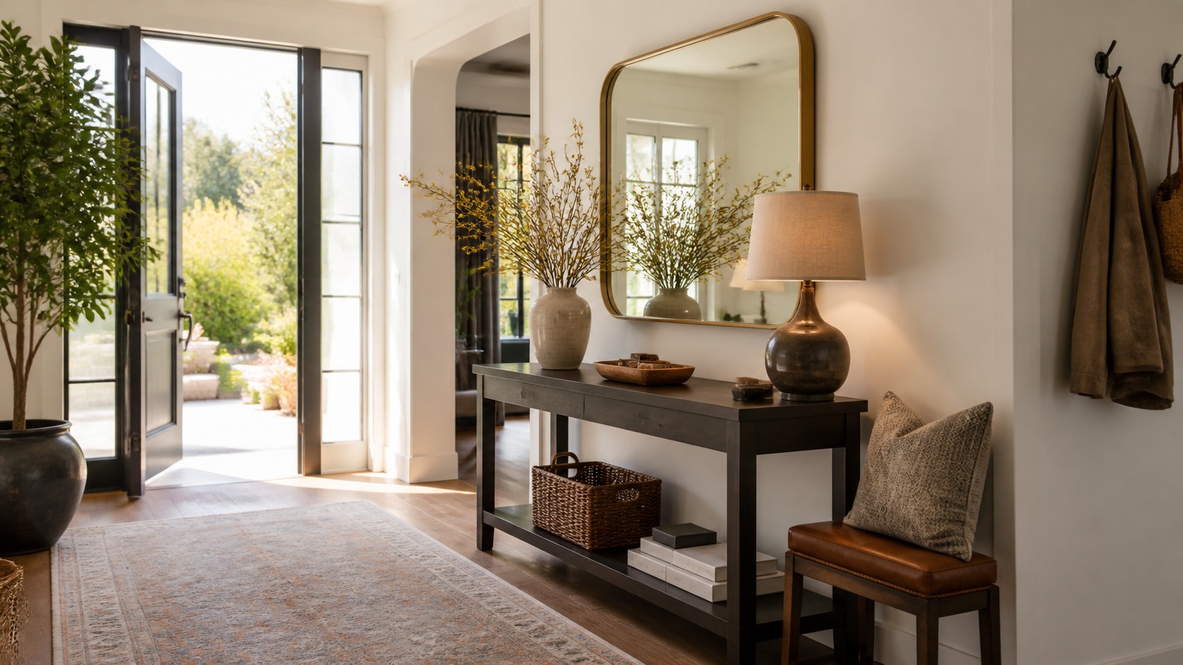 Statement mirror above a styled entryway console