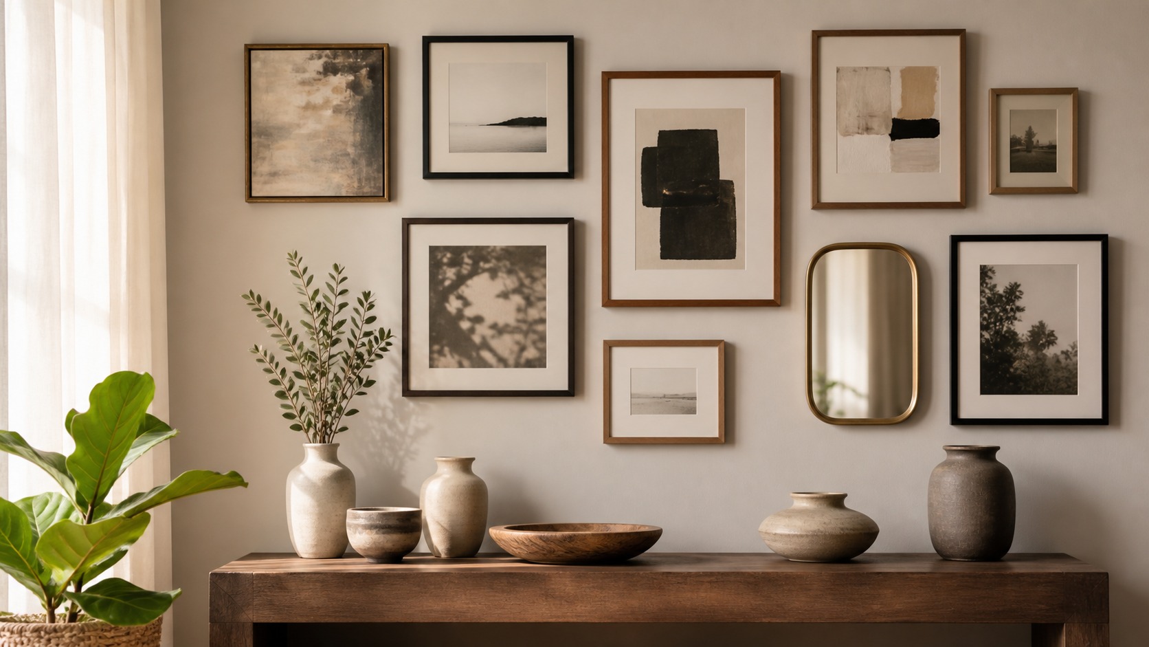 Mixed frame gallery wall above a console table