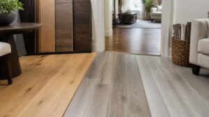 Hardwood laminate and vinyl flooring samples in a home