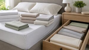 Folded sheet sets arranged beside a made bed