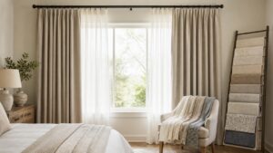 Full length curtains with fabric samples in a bright bedroom