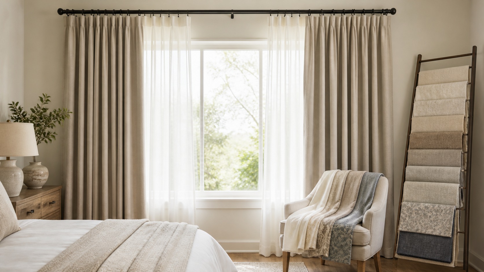 Full length curtains with fabric samples in a bright bedroom