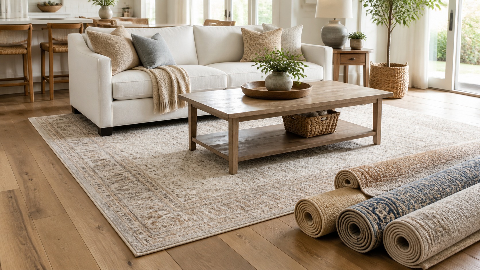 Area rug placed under sofa and coffee table with rug samples nearby