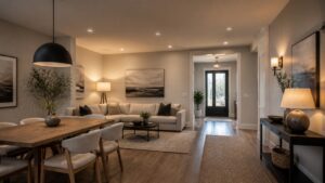 Open plan home with multiple lighting types