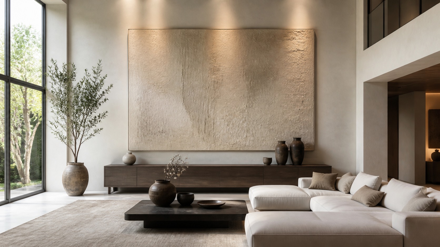Oversized textured wall art on a tall living room wall