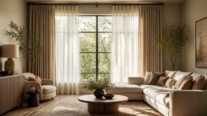 Floor-length curtains framing a bright living room window