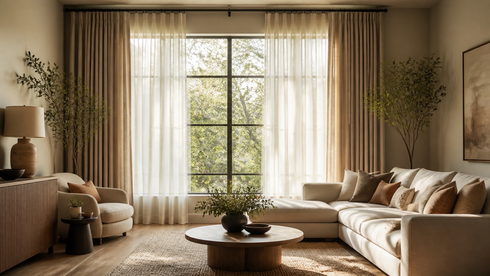 Floor-length curtains framing a bright living room window