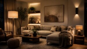 Warm layered lighting in a stylish living room