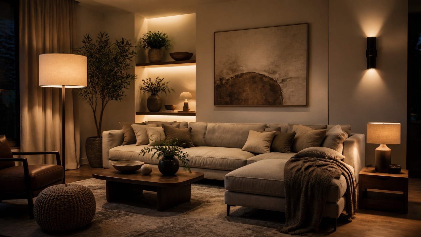 Warm layered lighting in a stylish living room
