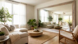 Large living room mirror reflecting daylight and seating