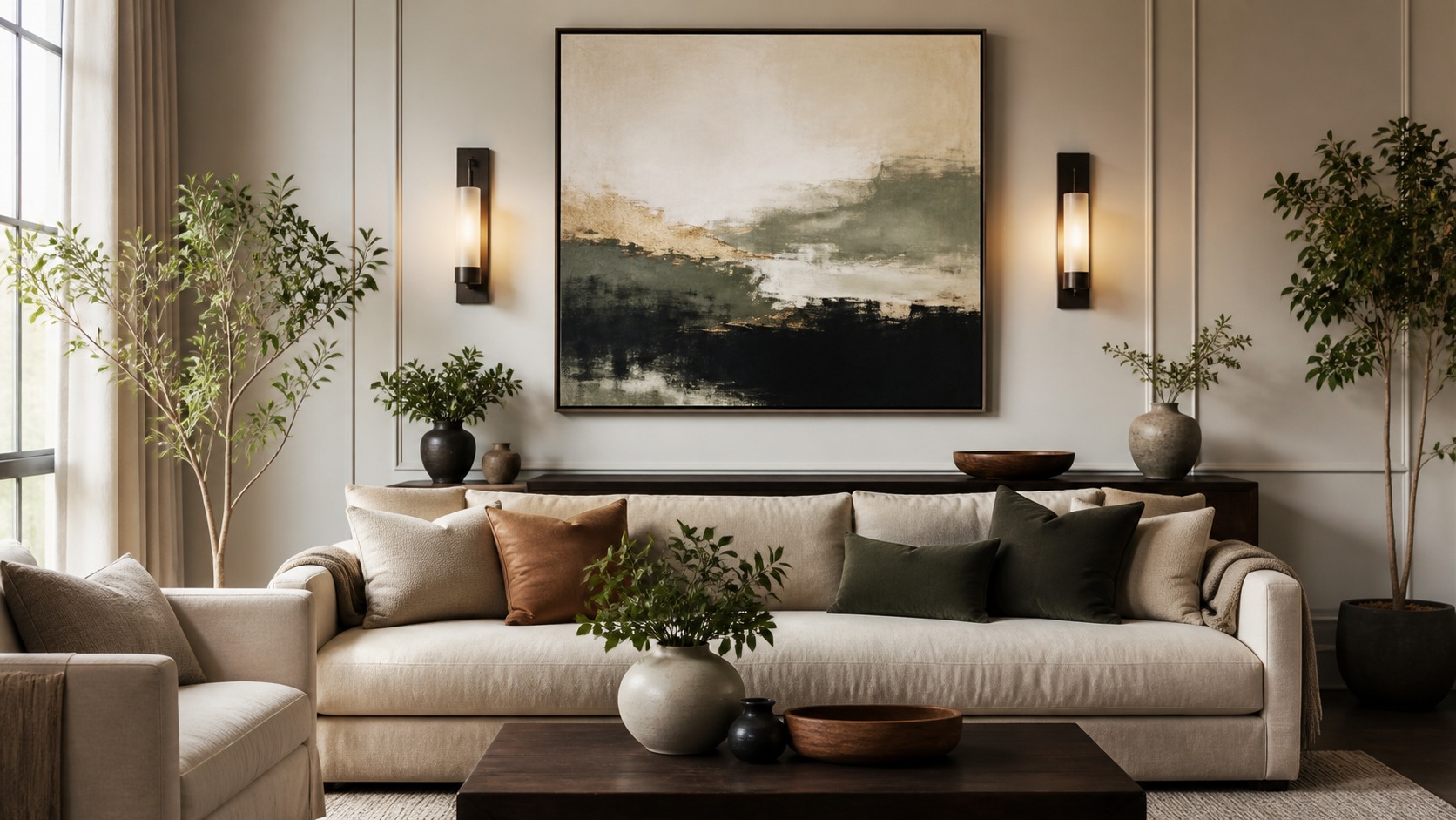 Large wall art and sconces above a living room sofa