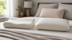 Memory foam pillow and latex-style pillow side by side on a neutral bed