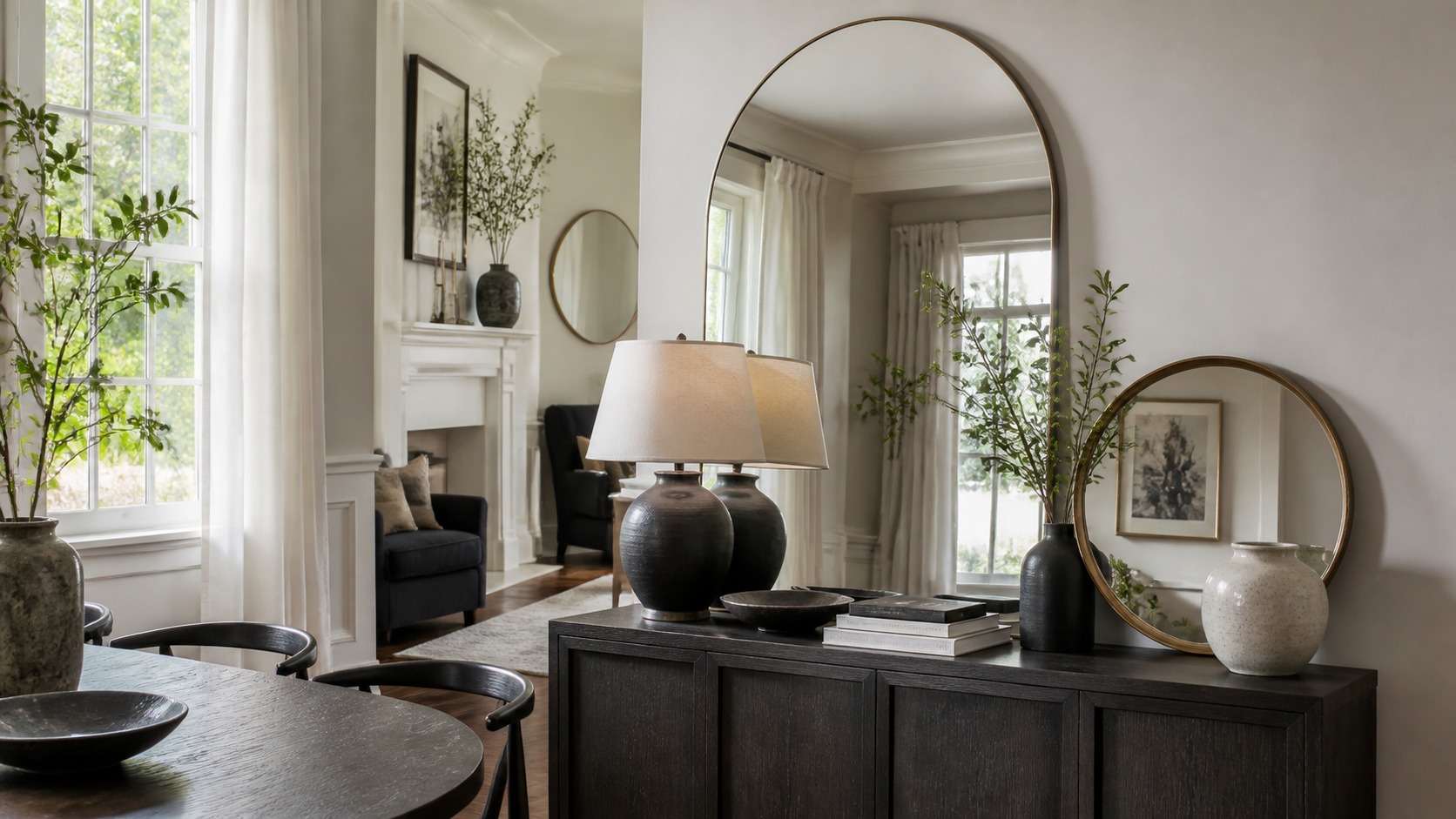 Decorative mirrors styled above a console table