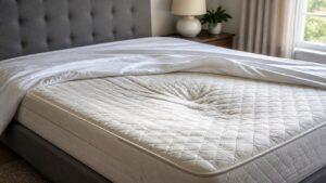 Subtle mattress sag visible under pulled-back white sheets