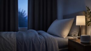 Blackout curtains, supportive pillow, blank sound machine, lamp, and water glass in a dawn bedroom