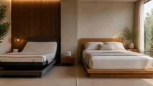 Smart adjustable bed beside traditional platform mattress in a bright bedroom