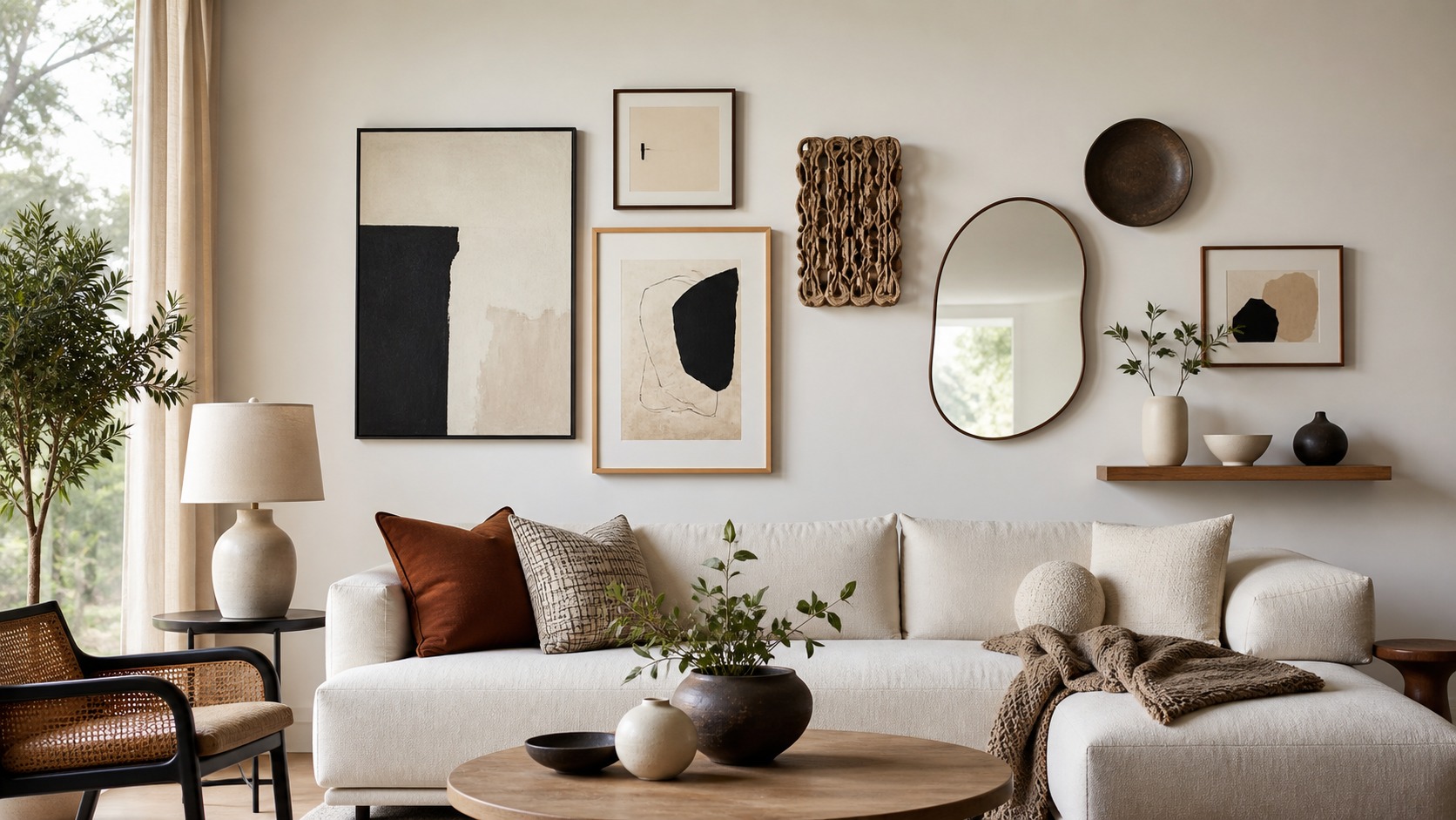 Stylish wall decor arrangement above a sofa