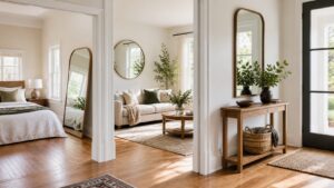 Mirrors placed in entry bedroom and living room areas