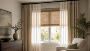 Layered curtains and woven shade on a bright window